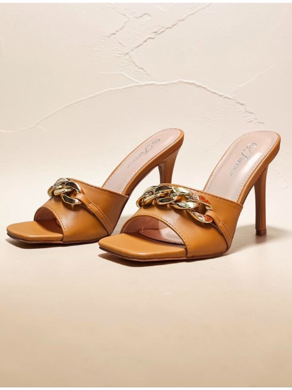 Tan Open-Toe Stiletto Heels With Gold Chain Detail - Picture 9 of 16